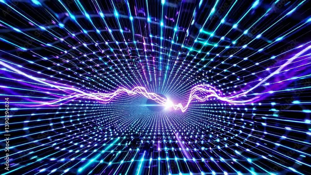 Aufkleber bright neon lights form a grid tunnel with glowing waves of light energy traveling through it, creat