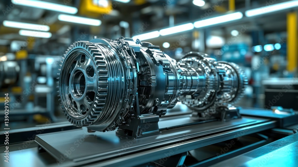 Poster precision engineered transmission components in a manufacturing setting. complex gears and shafts me