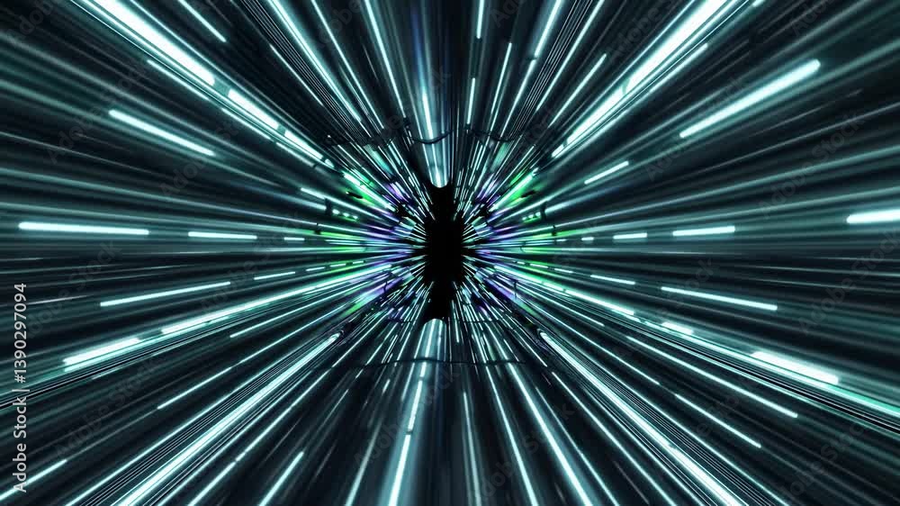 Poster bright streaks of light converging at a central point create a mesmerizing hyperspace jump effect, c