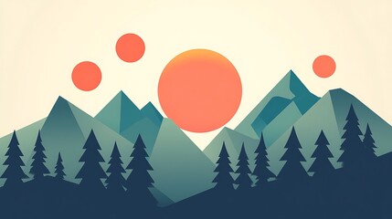 Stylized mountain landscape with multiple suns.