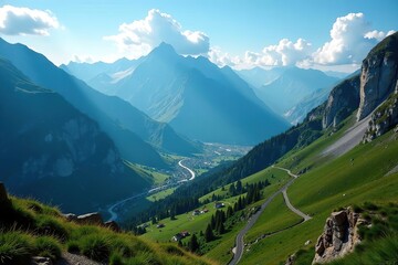 Obraz premium Majestic mountain landscape with winding roads leading into the distance, tranquility, scenic