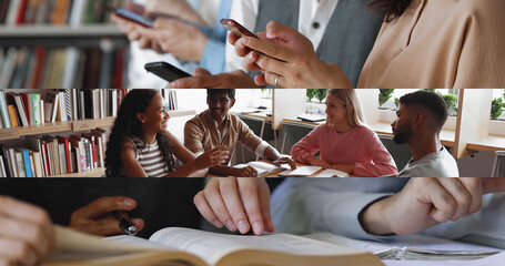Close up collage bar view of multiracial group of students engaging in productive collaborative learning, celebrating joint success and modern smartphones usage. Technology, studentship, education