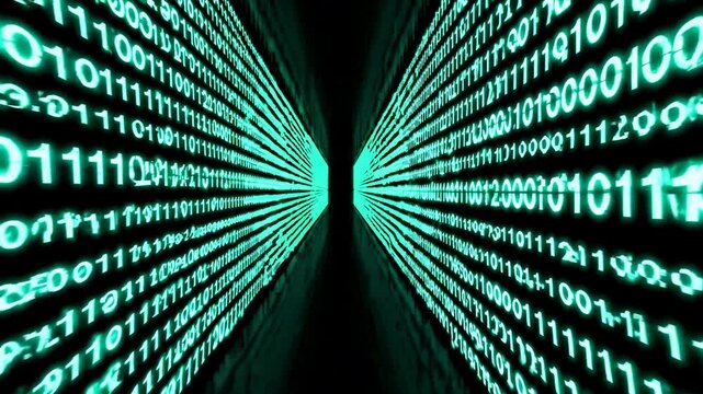 Glowing green binary code streams flow through cyberspace, creating a futuristic tunnel effect, representing data transfer, network communication, and information technology