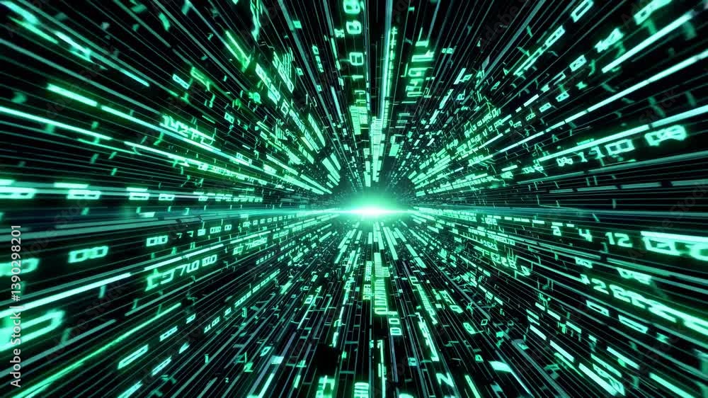 Poster glowing green binary code streams are forming a tunnel effect, representing the flow of digital info