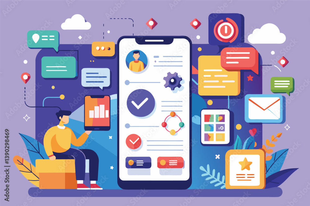 Poster a man uses a mobile app with interactive features and a colorful design to access information, manag