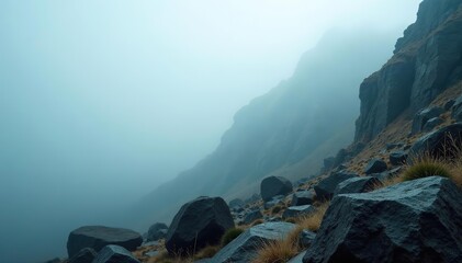Majestic rocky landscapes shrouded in fog, creating a serene and mystical atmosphere,  nature,  cliffs