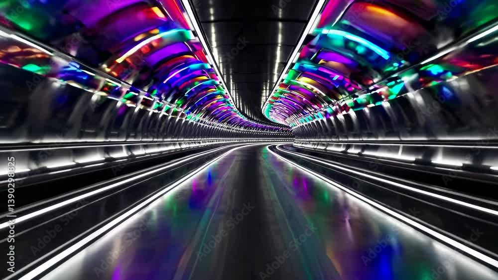 Poster empty futuristic tunnel with moving walkways and colorful led lights creating a vibrant and modern a