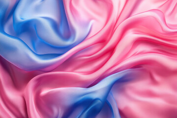 Obraz premium Pink and blue silk fabric draped elegantly over a wooden chair, creating a soft and luxurious aesthetic.