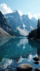 Majestic snow-capped peaks reflected in a crystal-clear lake surrounded by tranquil forests,  snow,  water