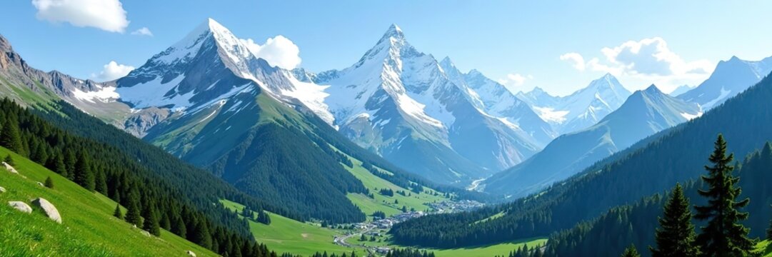 Majestic snow-capped peaks surrounded by lush green valleys under a clear blue sky,  blue sky,  snow-capped