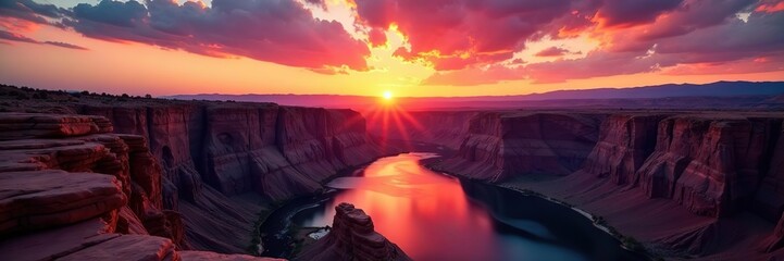 Majestic sunset over canyon river with vibrant sky and dramatic landscapes,  majestic, sunset