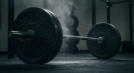 Heavy barbell with weights at gym and chalk dust in air