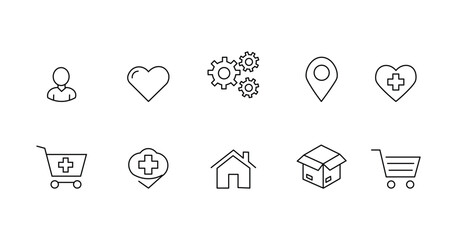 Minimal Line UI Icons – Health, Shopping Cart, Location, Settings, Home, Delivery & User Profile