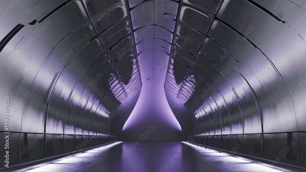 Aufkleber illuminated with glowing purple lights, an empty metallic corridor stretches into the unknown, creat