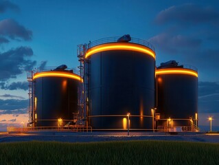 Obraz premium Methane processing plant with bluelit infrastructure, futuristic industrial design at night