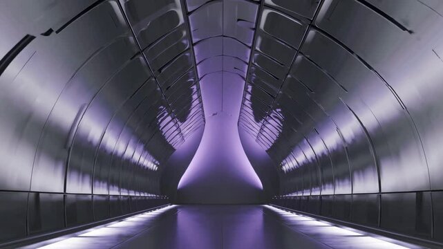 Illuminated with glowing purple lights, an empty metallic corridor stretches into the unknown, creating a mysterious and futuristic atmosphere reminiscent of science fiction settings