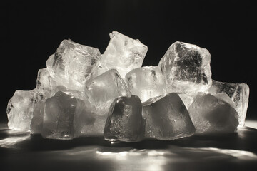 Pile of ice crystals on a frozen lake, reflecting sunlight, creating prismatic colors and patterns, casting sparkling shadows on the snow-covered surface.