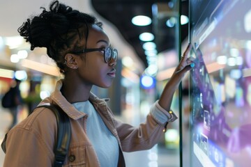 Black woman in glasses engaged with touch screen kiosk at contemporary shopping mal