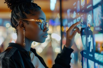 Black woman in glasses engaged with touch screen kiosk at contemporary shopping mal