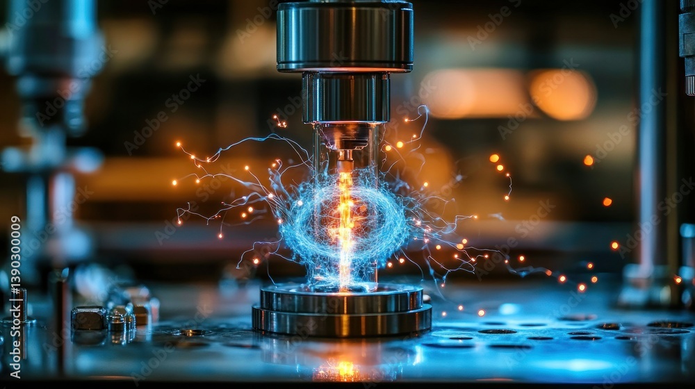 Poster precision metalworking process with sparks. high-tech machinery in action