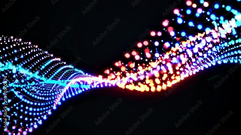Poster abstract colorful particles are flowing and creating a magical and dynamic wave on a black backgroun