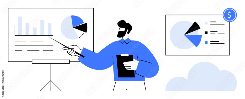 Poster man holding clipboard pointing at chart on screen, bar and pie charts, presentation gear. ideal for 