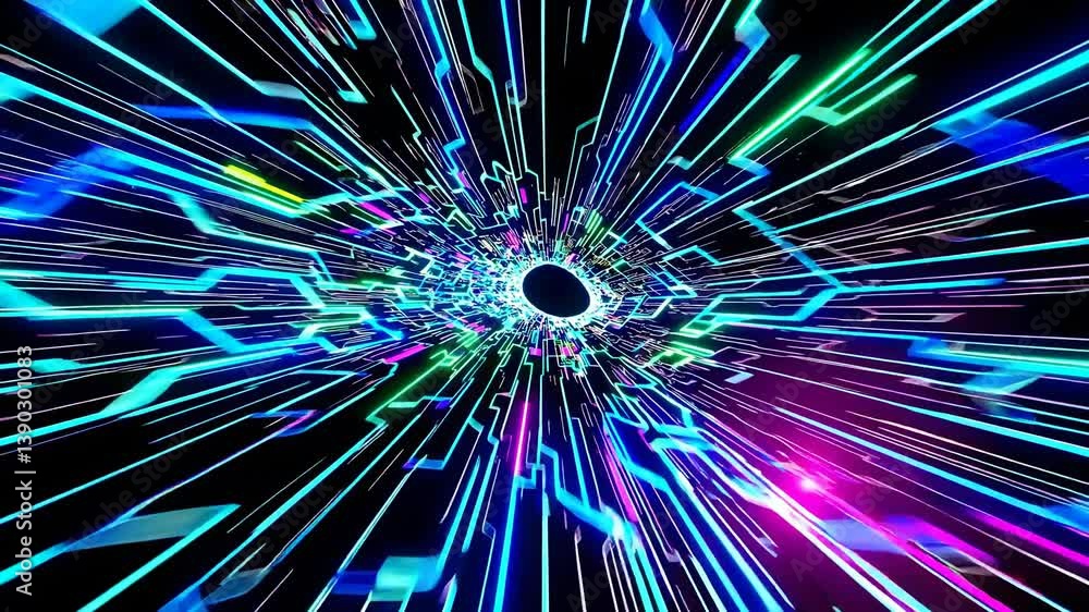 Poster glowing neon light trails swirling and converging around a black hole, creating a mesmerizing cyberp