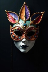 Mardi Gras carnival mask with intricate design and vibrant colors on dark background,  traditional,  dark background