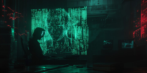 Digital Labyrinth: A solitary figure immersed in a virtual world of flickering green and red projections, a modern odyssey into the heart of technology.