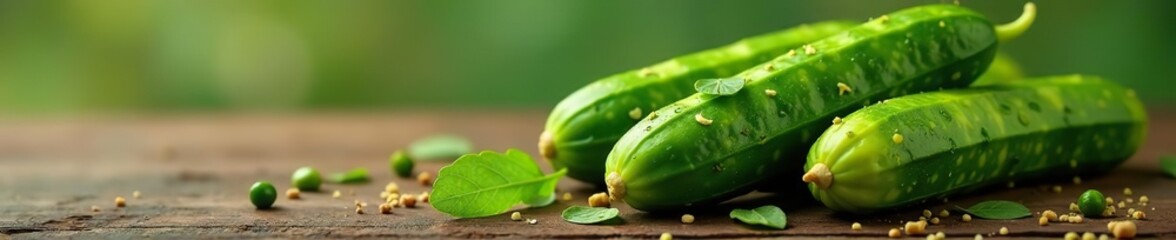 Marinated pickled cucumber with vibrant green color and pickling spices,  condiment,  snack