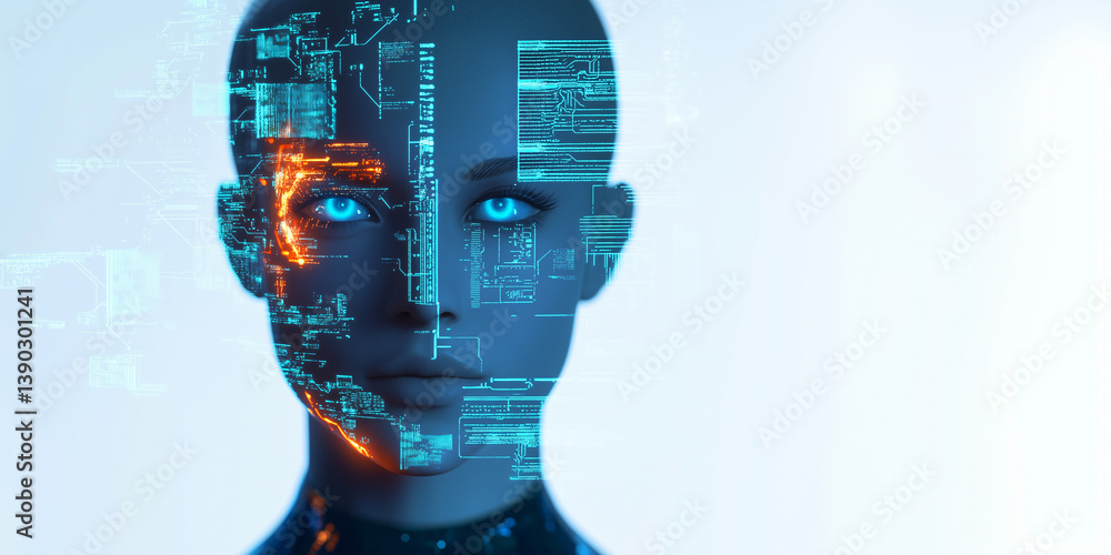 Poster artificial intelligence: a futuristic, highly detailed image of an advanced ai, with illuminated blu
