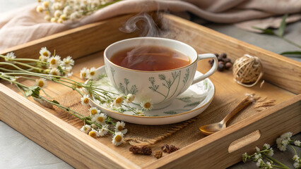 Fototapeta premium Cozy Tea Time with Floral Teacup and Chamomile
