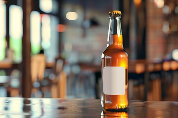 A meticulously presented bottle of refreshing beer, with an empty label for customization, sits on a sleek surface