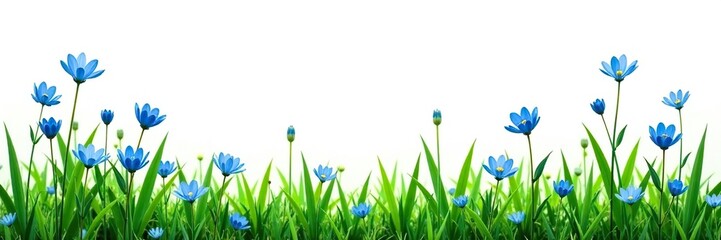 Meadow grass with blue flowers and leaves on white background,  grass,  leaves