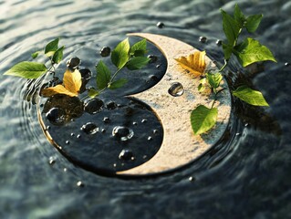 A yin-yang inspired symbol with leaf and water drop elements,