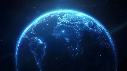 Naklejka premium Abstract blue glowing global network concept with light connections around the world on a dark background
