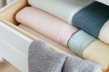an open drawer with several neatly folded and stacked pastel-colored clothes