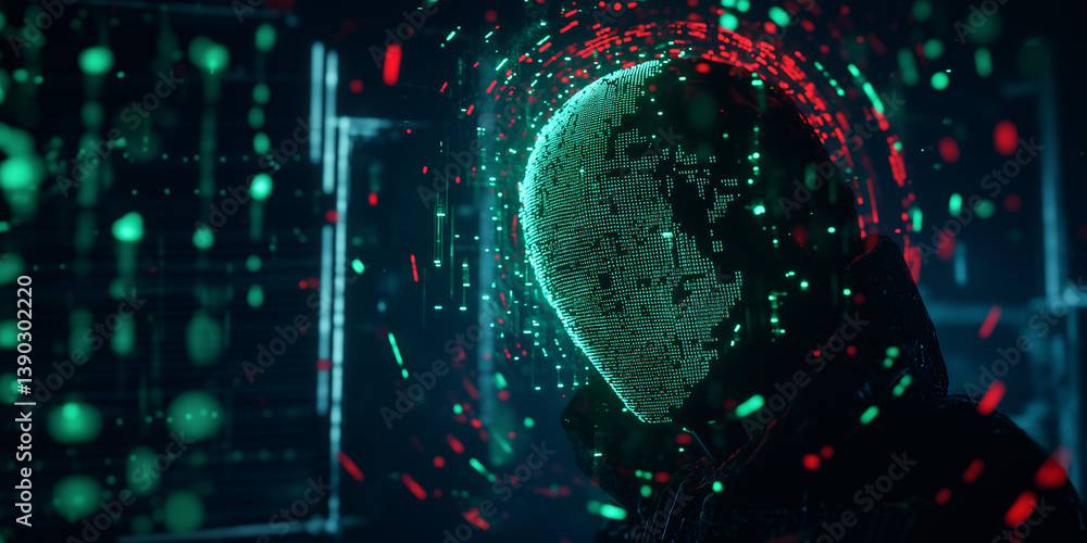 Aufkleber digital enigma: a mysterious figure shrouded in a hood, his face obscured by a digital glow, immerse