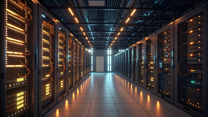 Fototapeta premium Data Center with Illuminated Server Racks