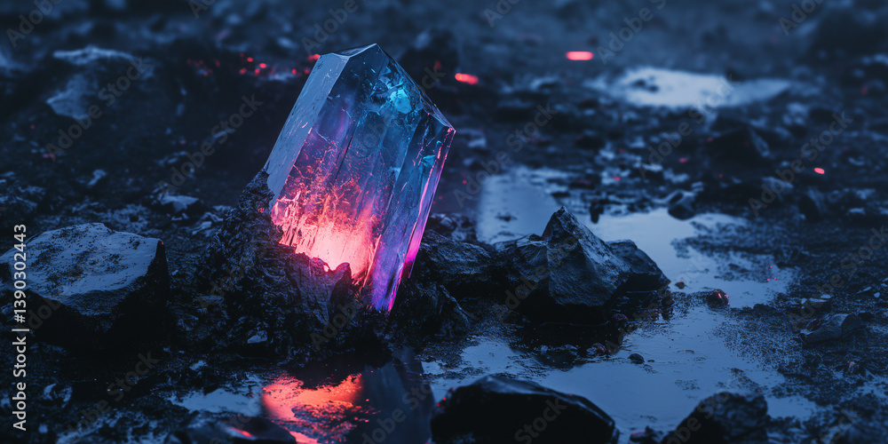 Poster glimmering gem: a mesmerizing crystal radiates with inner luminescence amidst a rugged terrain. the 