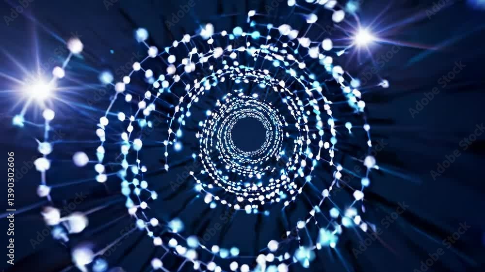 Poster abstract swirling vortex of glowing particles creating a tunnel effect on a dark blue background, id