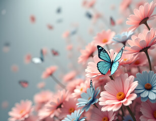 Bella composición primaveral en colores pastel llena de flores y mariposas.