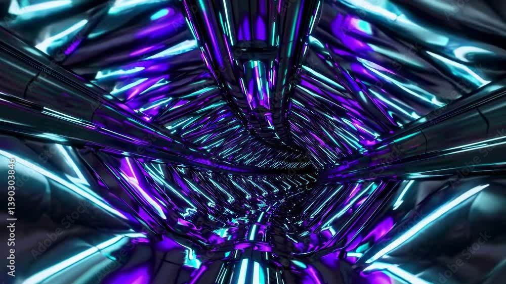 Poster shimmering metallic tunnel adorned with vibrant neon lights, creating an enchanting visual experienc