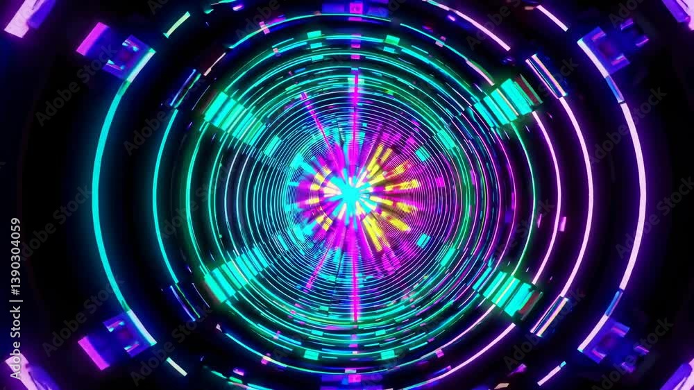 Poster glowing neon circles are rotating inside a colorful tunnel with bright lights and colorful cubes, cr