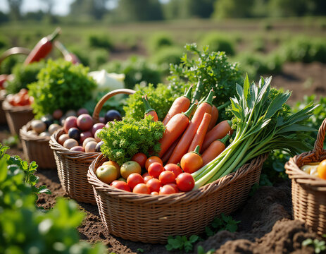 Canasta llena de deliciosos y sanos vegetales reci&eacute;n cosechados en el campo.