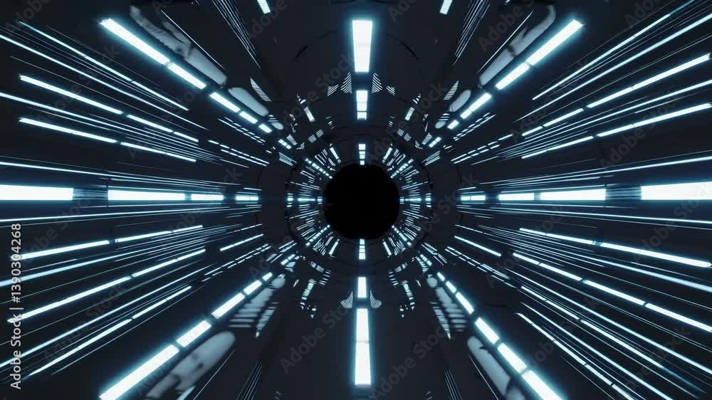 Poster glowing blue lines create a sense of speed and movement in a futuristic tunnel, converging towards a