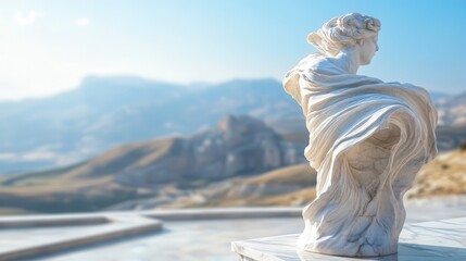 A white marble bust of a draped figure against a mountain backdrop
