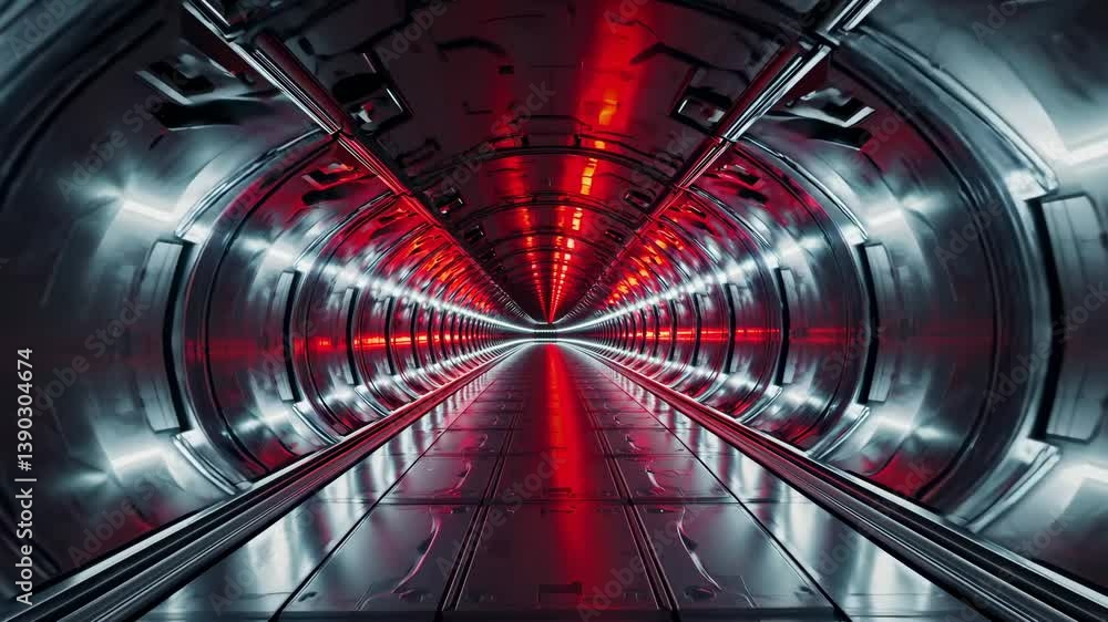 Poster shiny metallic tunnel with red neon lights creating a vanishing point and illuminating the path towa
