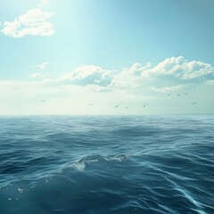 Obraz premium Serene Ocean Vista: Capturing the essence of tranquility, a vast expanse of ocean stretches towards the horizon. The gentle waves ripple under a sky dotted with puffy clouds.