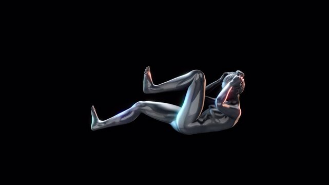A looping animation of a female 3D character performing bicycle crunch exercises, rendered in a reflective chrome style with an embedded alpha for easy drag and drop.